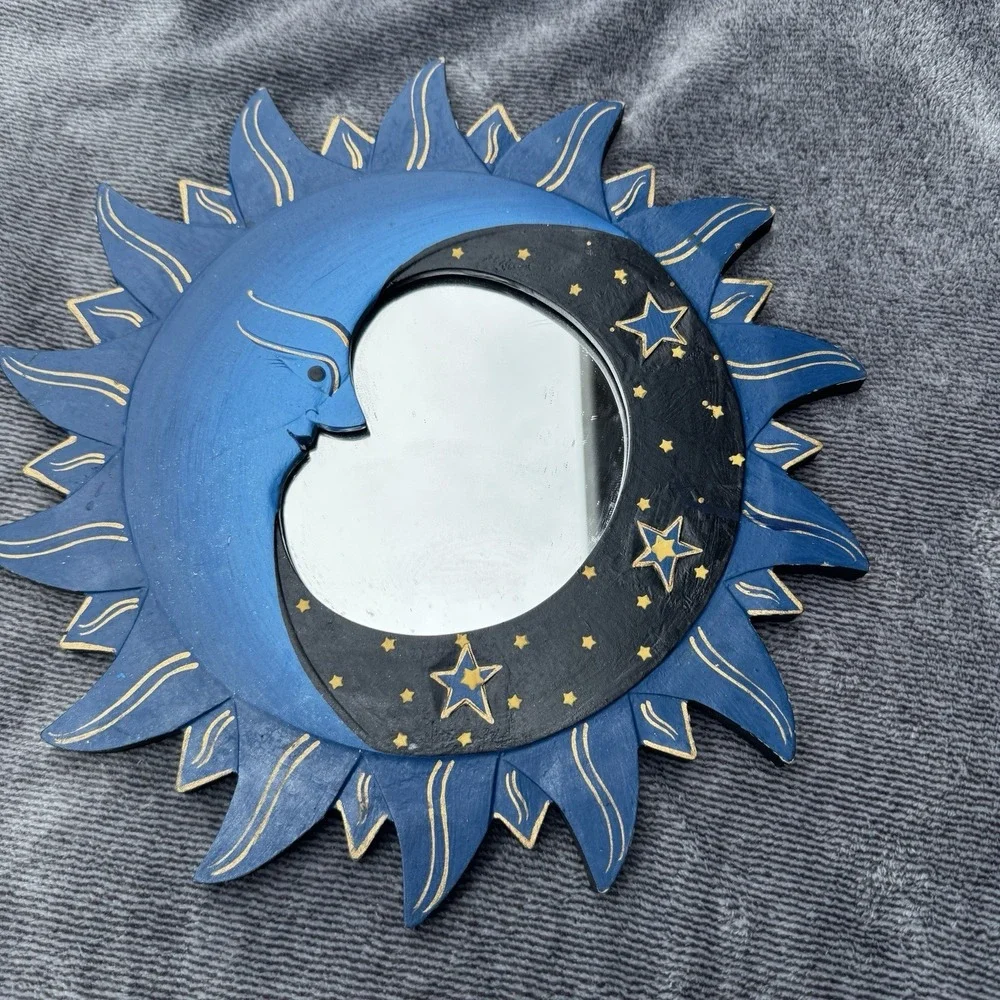 Vintage 90s Celestial Sun Moon Stars Mirror 12in Hand Painted Whimsygoth Navy